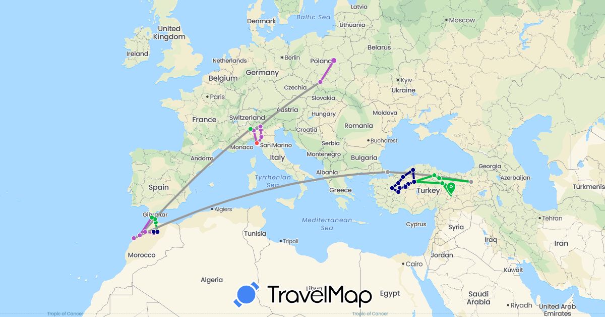 TravelMap itinerary: driving, bus, plane, train, hiking in Italy, Morocco, Poland, Turkey (Africa, Asia, Europe)